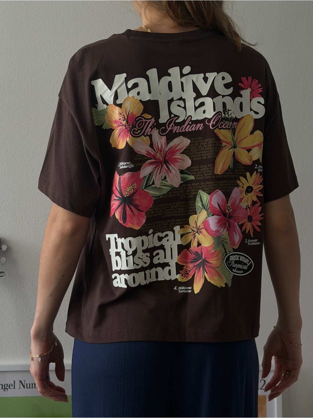 Bershka Brown Tropical Floral Graphic Tee